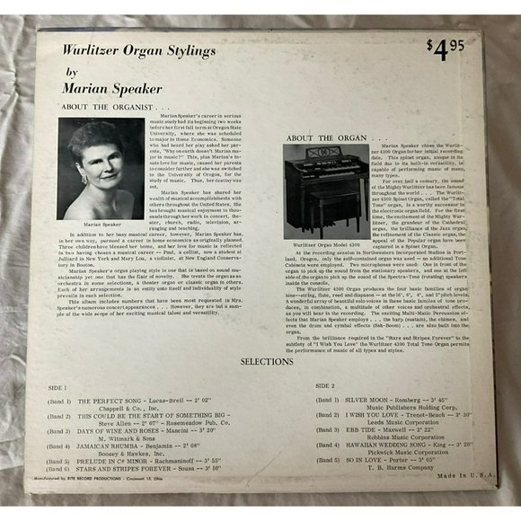 Marian Speaker: Wurlitzer Organ Stylings Vintage Vinyl Record - Picture 2 of 11